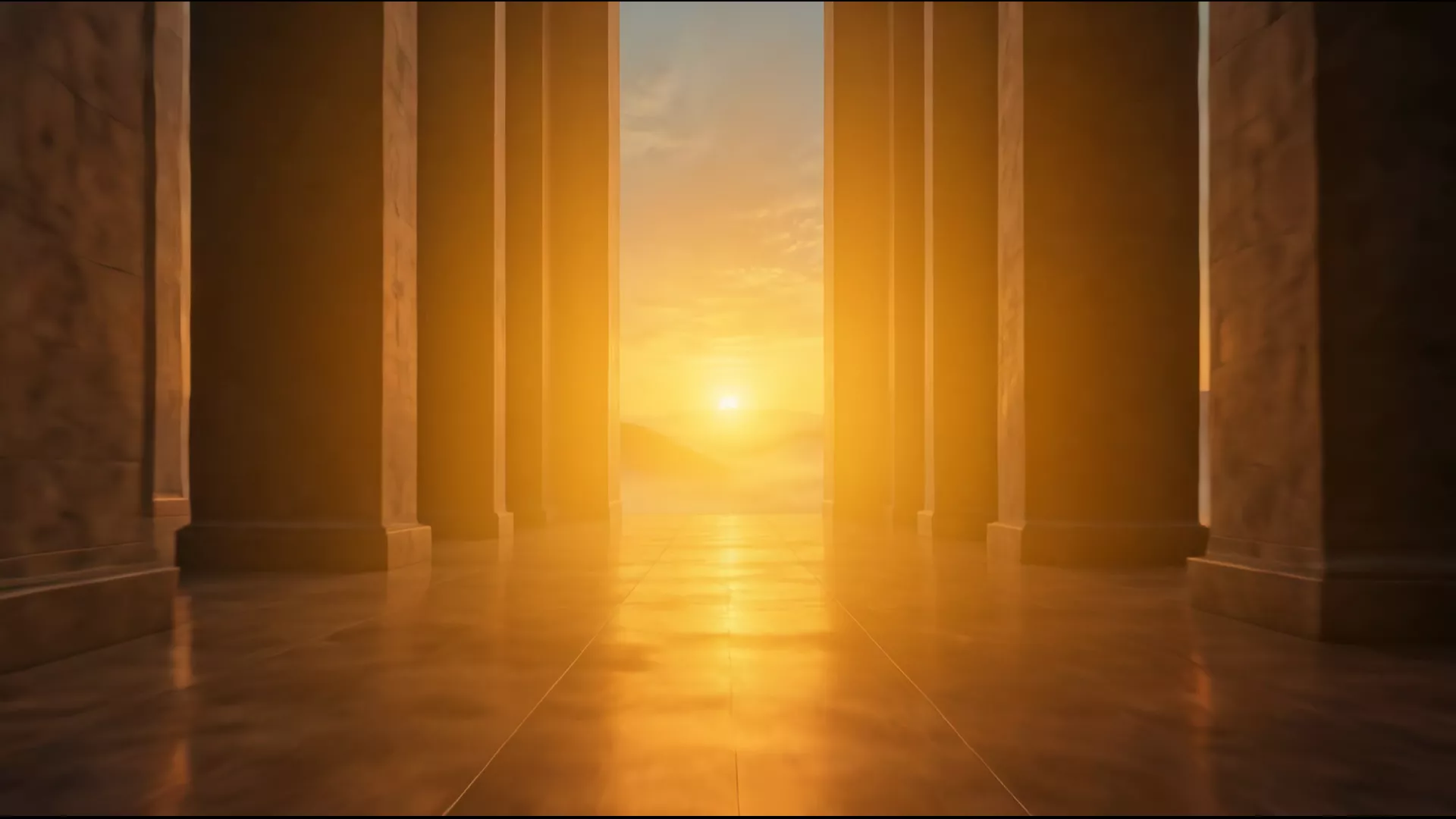 The doorway opening onto a sunrise over the sea