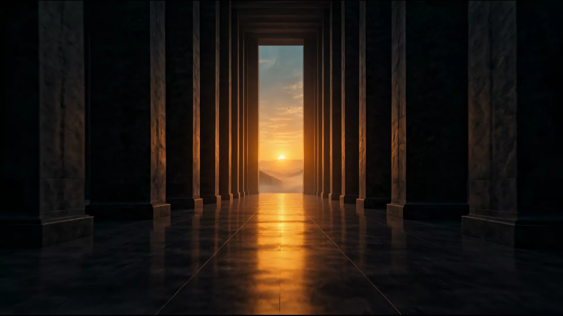 Halfway down the colonnade, sunrise growing in the doorway