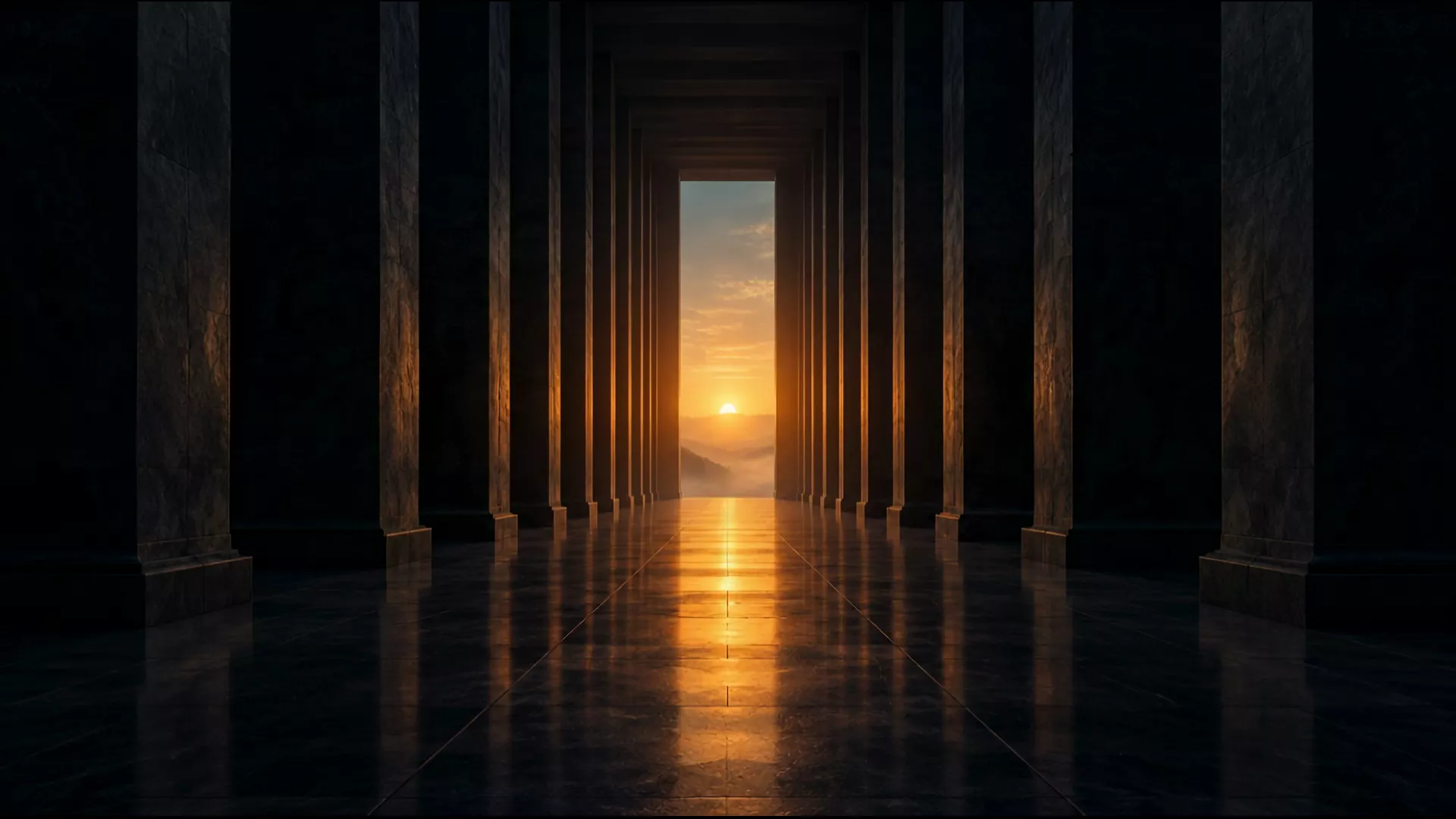 A long colonnade of dark stone pillars, a doorway of light at the end