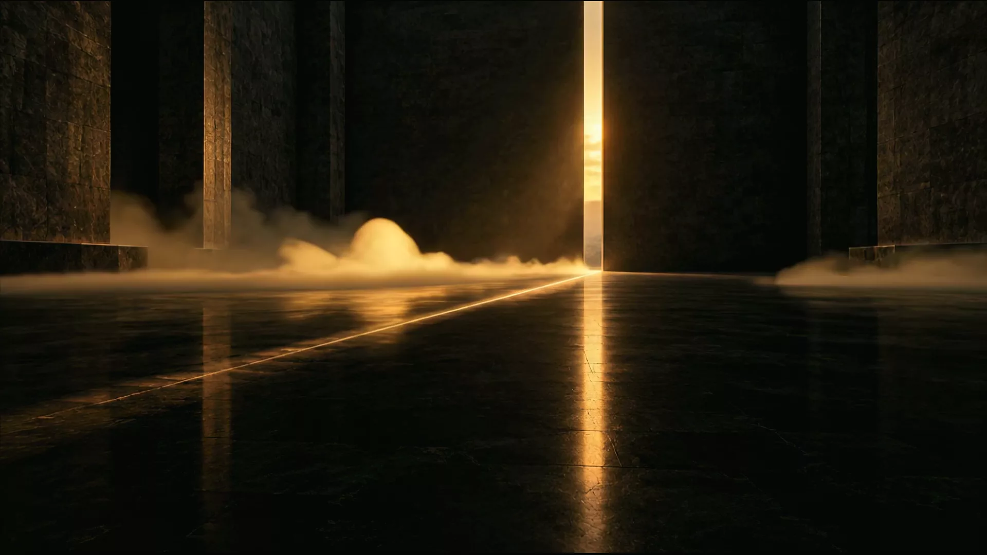 Haze drifting through a dark stone hall